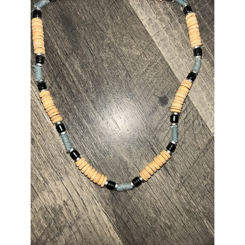 Vintage Chunky Hippie Boho Tribal Cream Wooden Bead Necklace Stretch Unique Gift